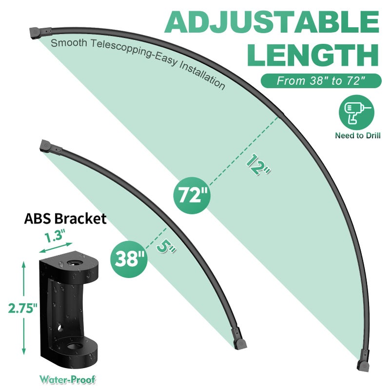 PrettyHome Curved Shower Curtain Rod For Bathroom 38-72 Inches, Adjustable Length, Curved Shower Rod, 0.9MM thickness, Round Shower Curtain Rods, Rotate Bracket For Large Shower Space, Need Drilling, Black - Image 3